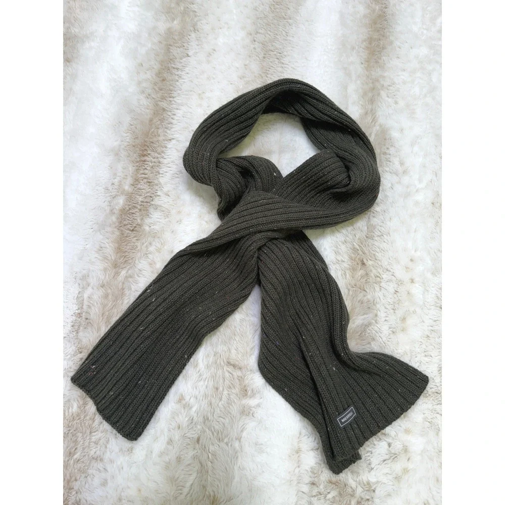 Merrell Knit Scarf Mens OS Olive Green Ribbed Wool Blend Speckled‎ Academia